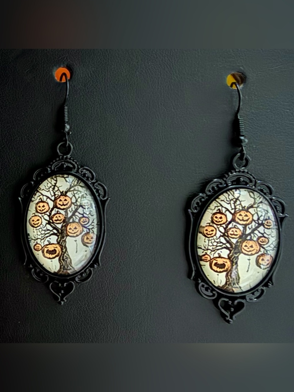 Vintage Gothic Halloween Jack-O’-Lantern Pumpkins Spooky Tree Cameo Earrings 🎃